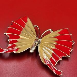 Vintage 1970/1980s Red & Gold Enamel Butterfly Belt Buckle GVC Boho Accessory